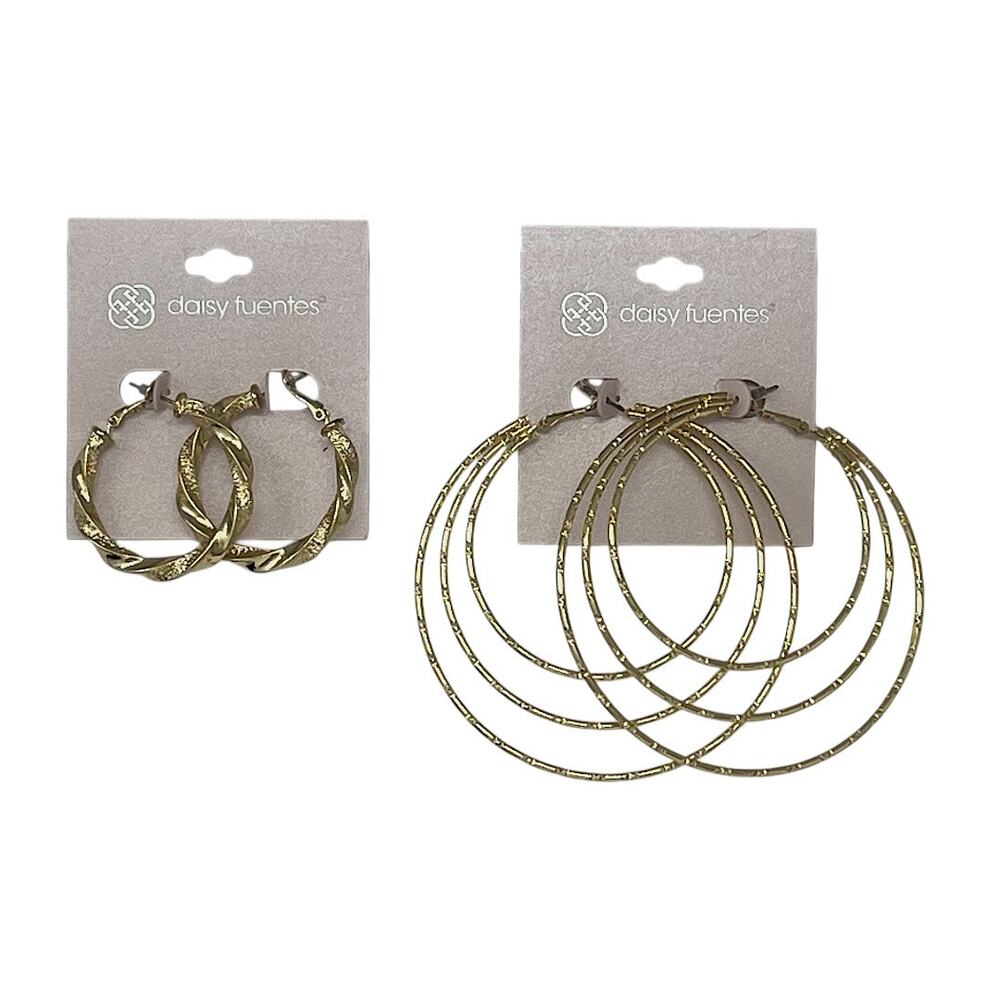 Daisy Fuentes Gold Tone Hoop Earrings Set of 2 Textured & Triple Hoops 1.5” / 3”